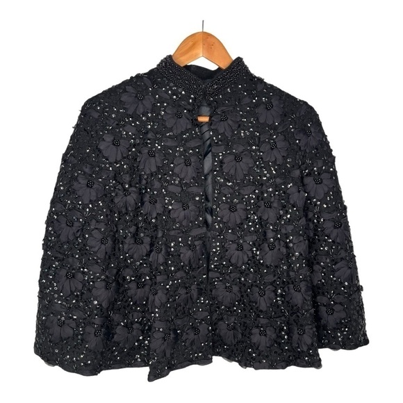 Vintage Black Flower Ribbon & Sequin Beaded Knit Wool Cape. One Size. - Picture 1 of 12